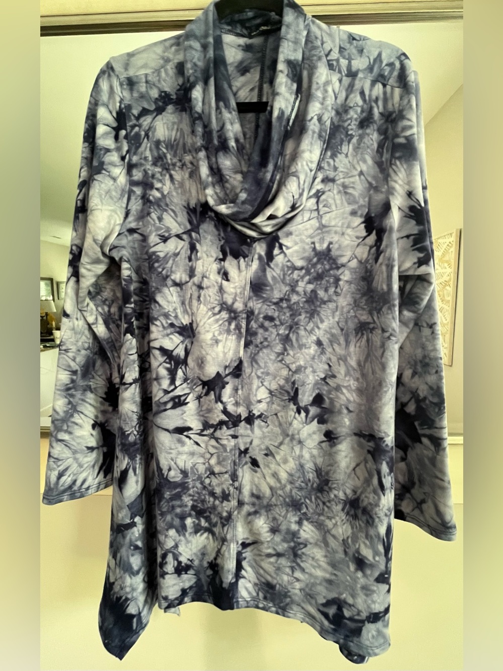 cha cha vente Navy & Gray Tie-Dye Cowl Neck Boho Long Sleeve Tunic Top Size XL